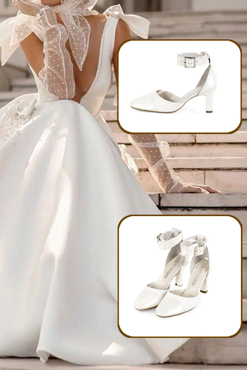 Dress heels closed-back ankle strap in pure white leather with kitten heels and round toe - Top view